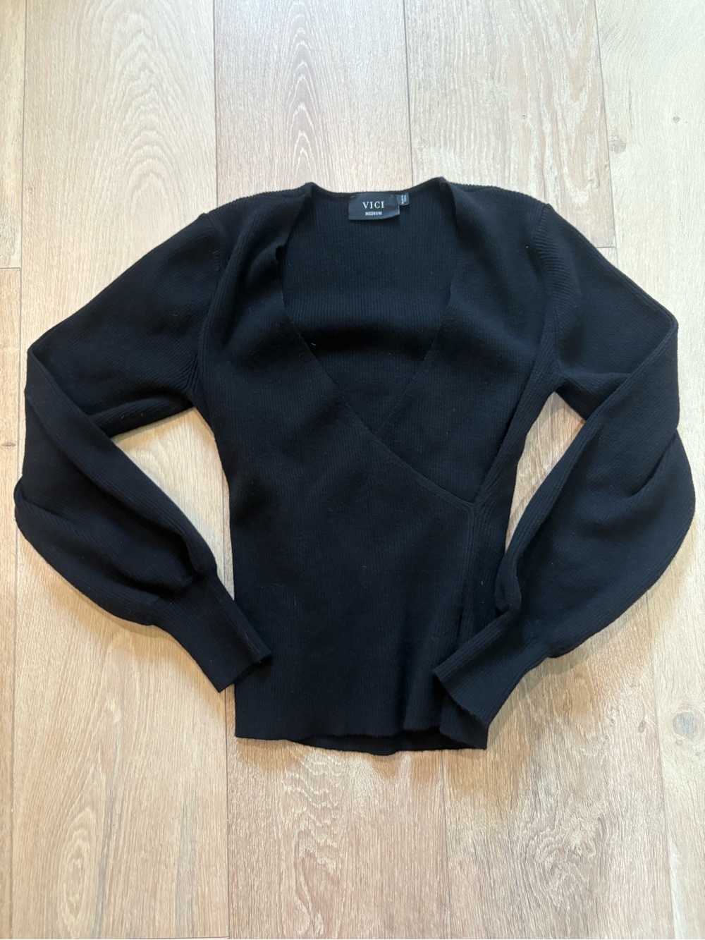VICI Black Ribbed Wrap V-Neck Sweater